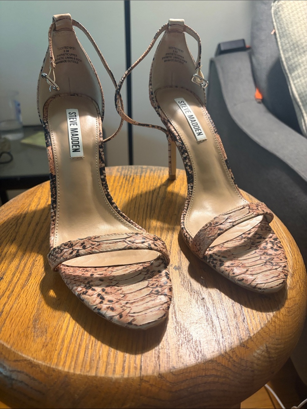 Steve Madden Tan Pink Snake-Print Ankle Strap Stilettos